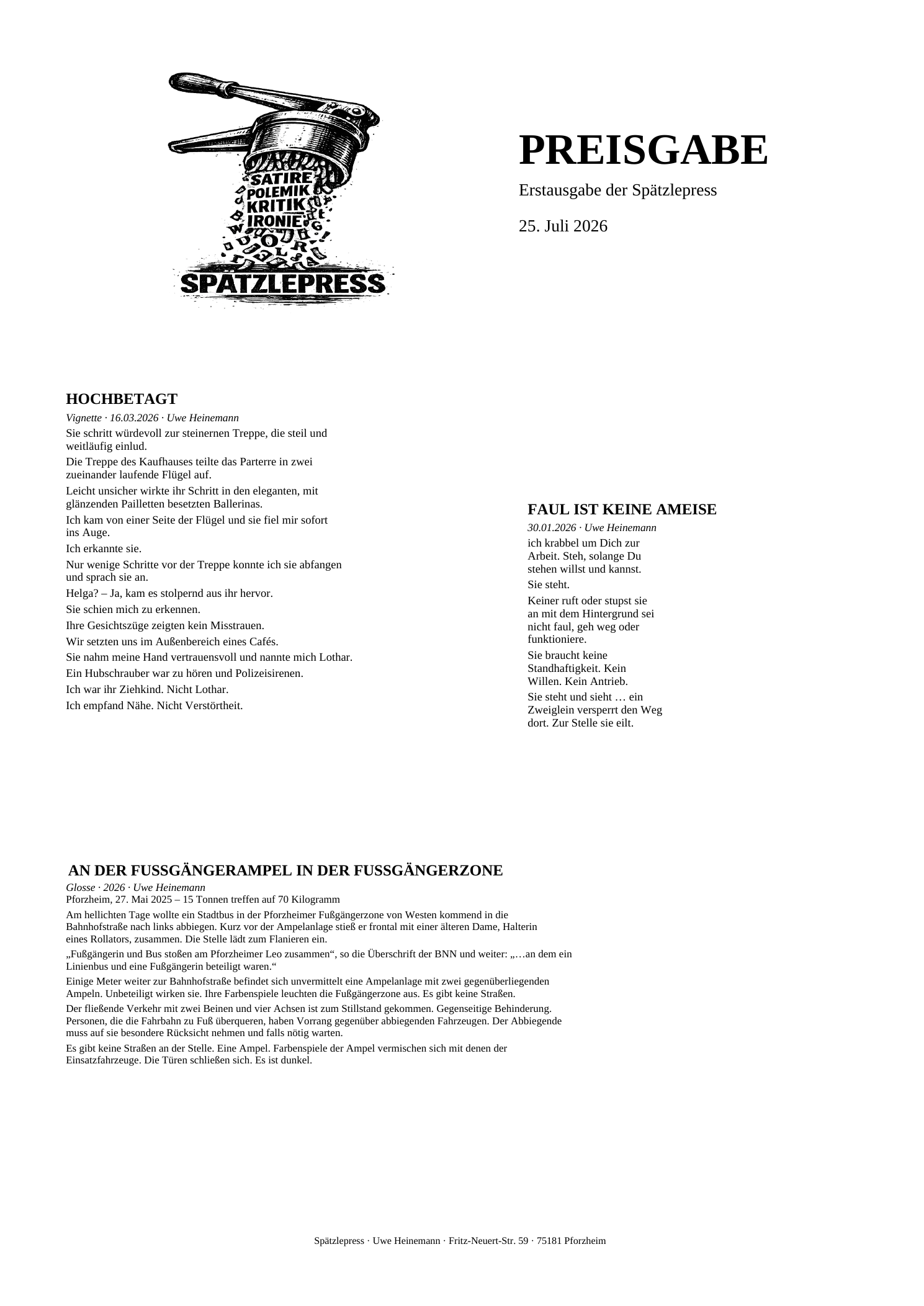 PREISGABE – Erstausgabe der Spätzlepress vom 25. Juli 2026